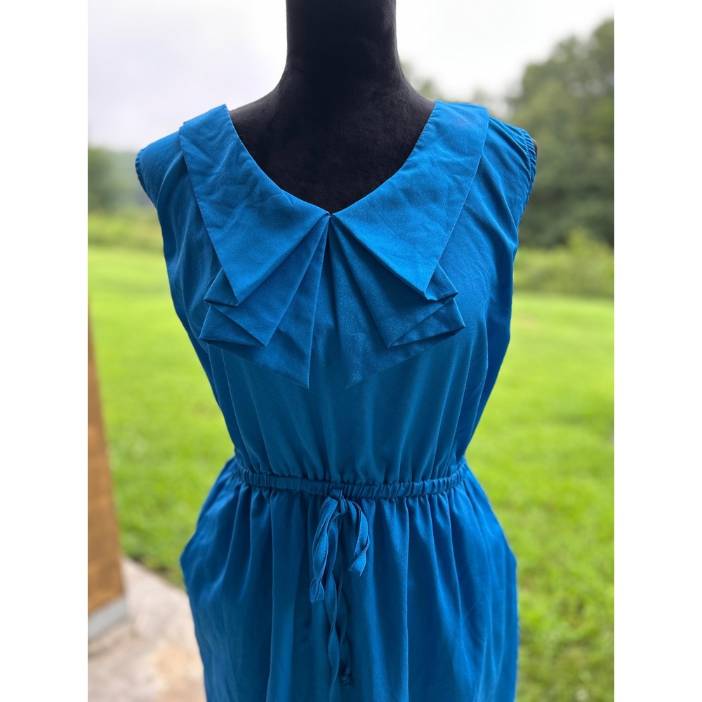 BeBop Sleeveless Dress Womens 1X Blue Excellent Origami Collar Pockets Retro